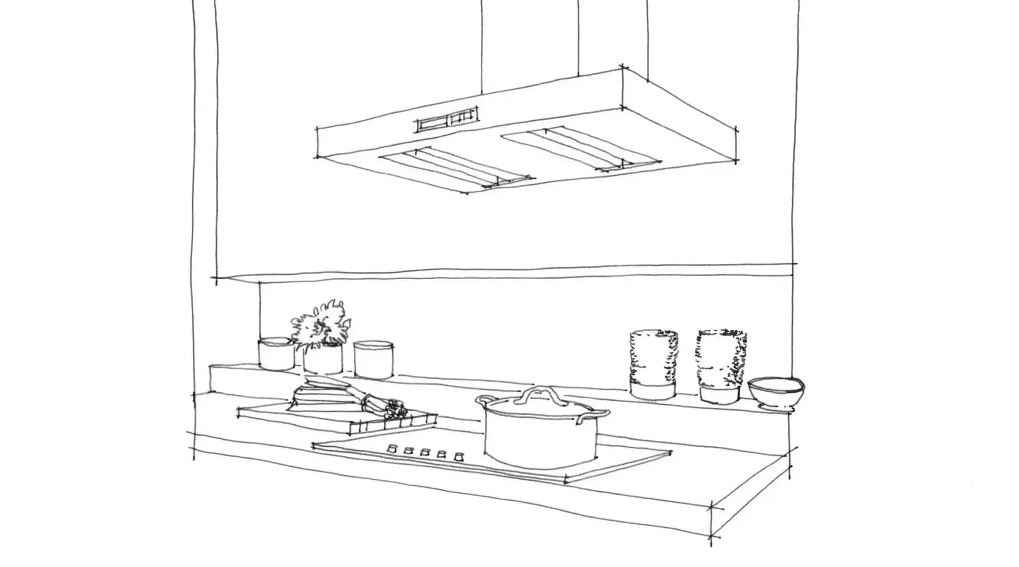 Skizze einer modernen Küchenzeile mit Kochfeld, Dunstabzugshaube, Kochtopf und Küchenutensilien auf der Arbeitsplatte.